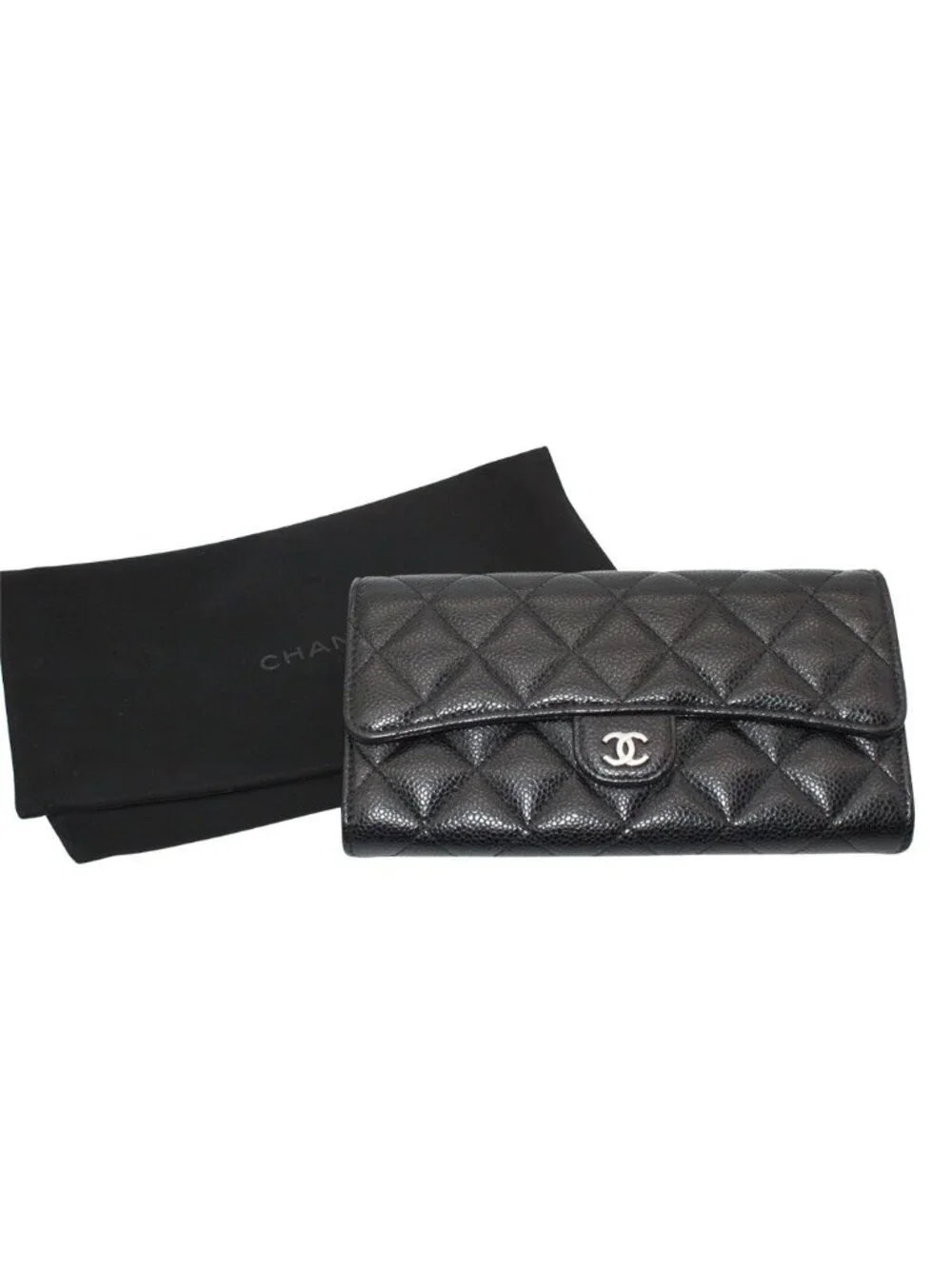 Chanel Wallet Quilted Caviar Leather Black Silver